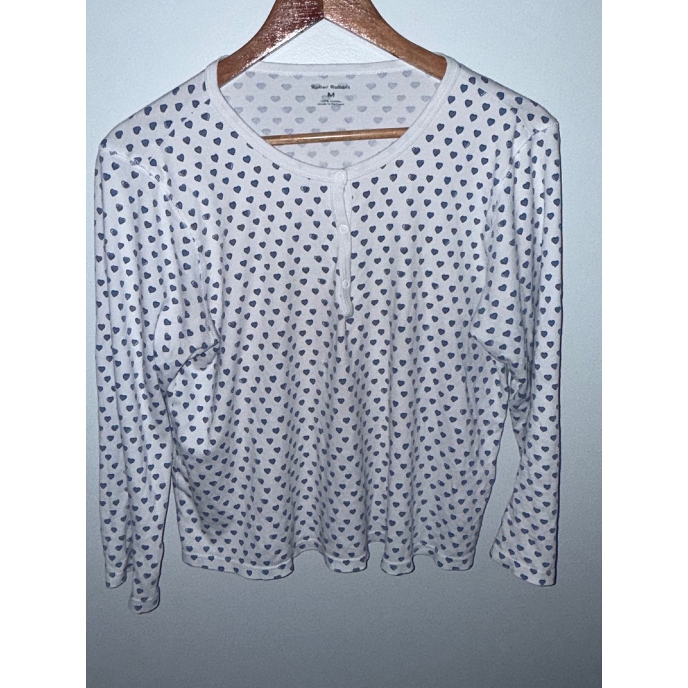 Roller Rabbit Blue Heart Henley Pajama Top White Cotton Long Sleeve Womens M